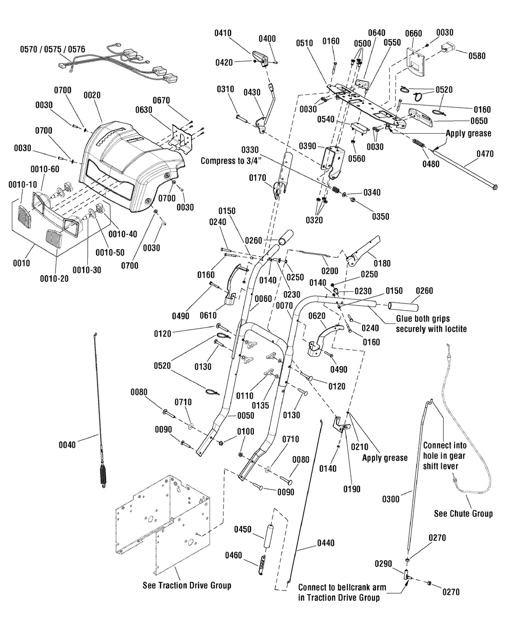 Handles And Controls Group Diagram and Parts List for 1696044-LP37058-1330SE 2011 Briggs and Stratton Snow Blower